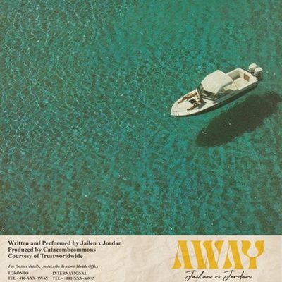 Away cover art: a boat on green water seen from above