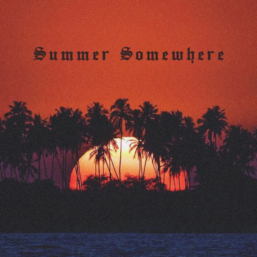 Summer Somewhere cover art: a red sunset behind a line of palm trees, with the title in blackletter